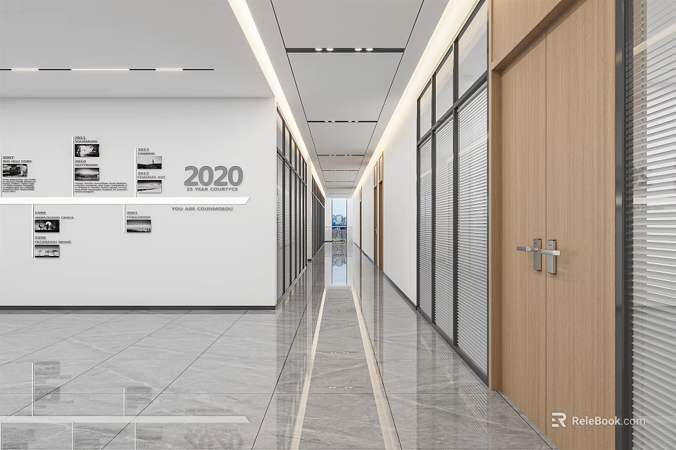 Modern Office Corridor with White Walls Glass Partitions Linear Ceiling Lights and Shiny Floor Tiles 3d model 