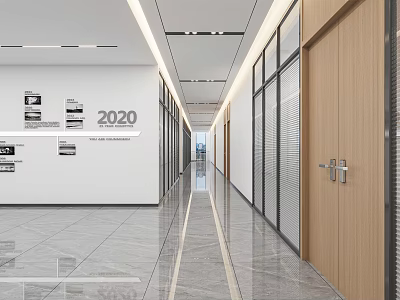Modern Office Corridor with White Walls Glass Partitions Linear Ceiling Lights and Shiny Floor Tiles 3d model