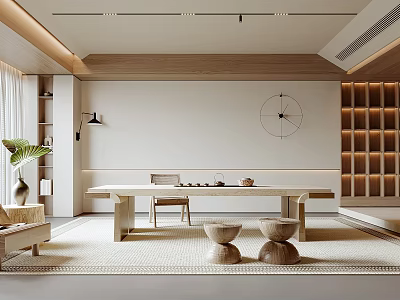 Modern Minimalist Tea Room Interior With Wooden Table Seating And Plants 3d model