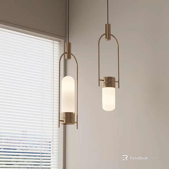 Two Modern Brass Pendant Lights With Frosted Glass Shades In Contemporary Interior With Window Blinds 3d model 