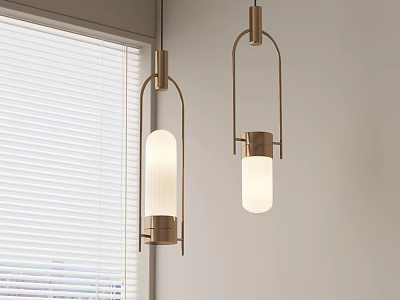 Two Modern Brass Pendant Lights With Frosted Glass Shades In Contemporary Interior With Window Blinds 3d model