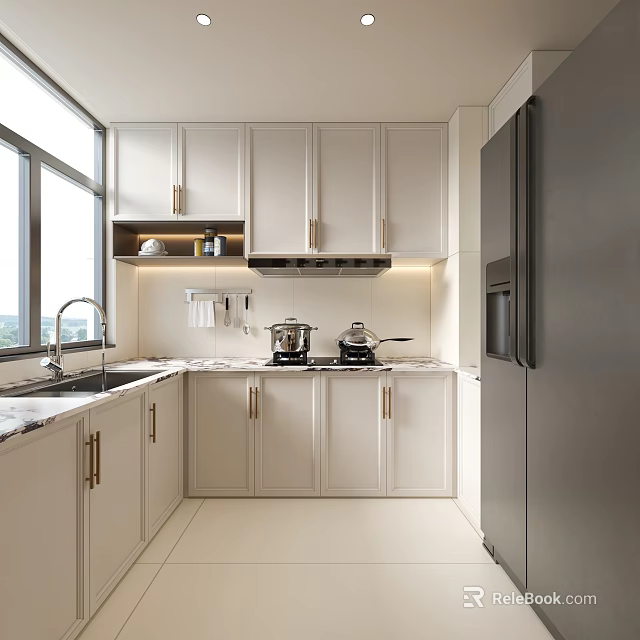 Modern Kitchen Interior With White Cabinets Marble Countertops And Stainless Steel Appliances 3d model 