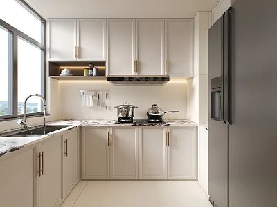 Modern Kitchen Interior With White Cabinets Marble Countertops And Stainless Steel Appliances 3d model