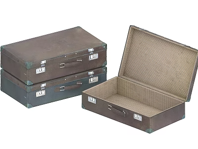 Vintage Suitcases Stacked And Open With Brown Dark Green Hues Metal Clasps Checkered Interior 3d model