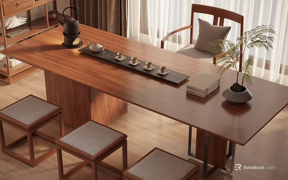 Solid Wood Tea Table And Chairs With Tea Set Cushioned Stools And Potted Plant 3d model
