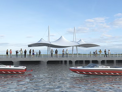 Tensile Membrane Structure On Waterfront Bridge With People Walking And Boats Nearby 3d model