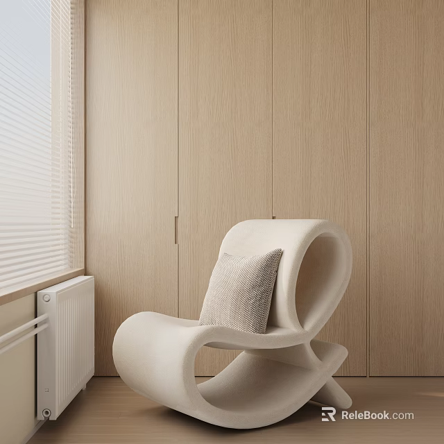 White Modern Leisure Chair With Curved Design And Linen Cushion Against Wooden Wall 3d model 