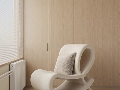 White Modern Leisure Chair With Curved Design And Linen Cushion Against Wooden Wall 3d model