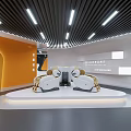 Modern Tech Inspired Exhibition Hall With Orange Walls White Platform Seats And Light Strips