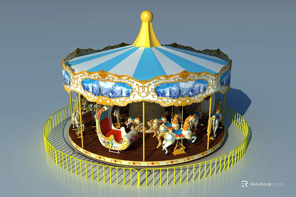 Colorful Carousel Amusement Equipment With Blue White Canopy Yellow Spire And Decorative Horse Figures 3d model 