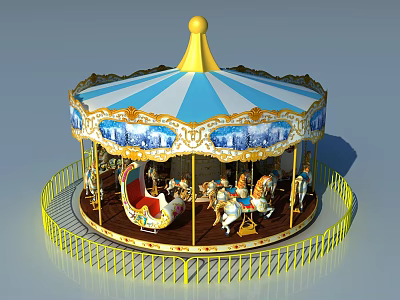 Colorful Carousel Amusement Equipment With Blue White Canopy Yellow Spire And Decorative Horse Figures 3d model
