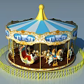 Colorful Carousel Amusement Equipment With Blue White Canopy Yellow Spire And Decorative Horse Figures