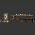 Outdoor Picnic Setup With Wooden Table Bench Stone Sink Tableware And Checkered Tablecloth