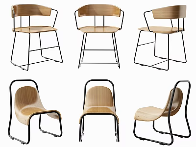 Modern Single Chairs With Wooden Seats And Black Metal Frames In Various Designs 3d model