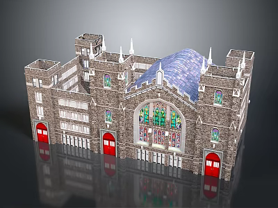 Gothic Style Stone Building With Tower Spires Blue Roof Stained Glass Windows And Red Doors 3d model