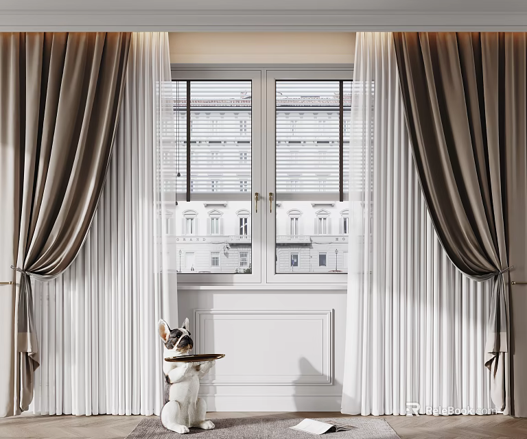 Elegant Curtains Design With White Sheer And Brown Thick Drapes For Window Interior 3d model 