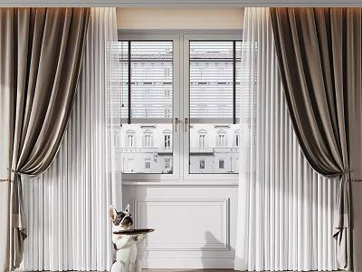 Elegant Curtains Design With White Sheer And Brown Thick Drapes For Window Interior 3d model