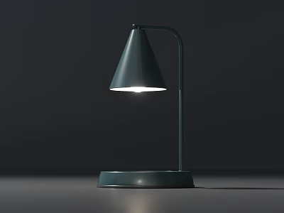 Dark Green Modern Table Lamp With Conical Shade Curved Arm Illuminated On Dark Background 3d model