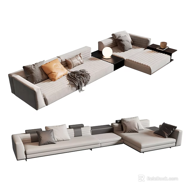 Modern Light Gray Sectional Sofa With Multiple Cushions Throw Blanket And Side Table 3d model