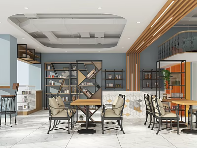 Hotel Public Lounge Area With Modern Design Wooden Accents Bookshelves And Marble Flooring 3d model