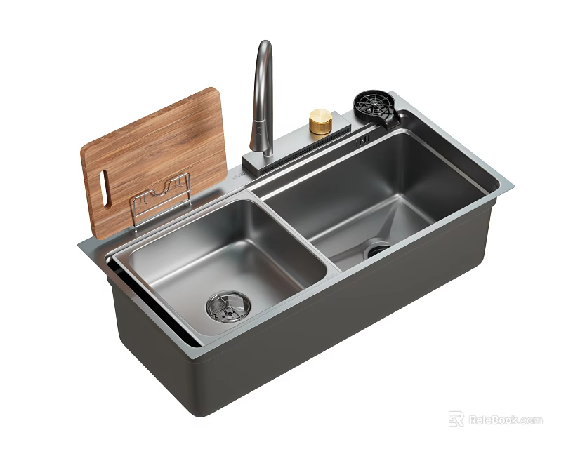 Stainless Steel Double Bowl Kitchen Sink With Wooden Cutting Board Faucet And Soap Dispenser 3d model 