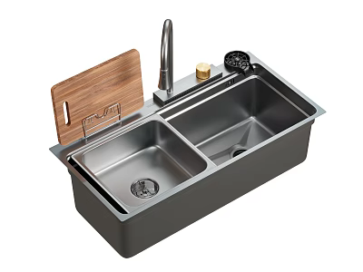 Stainless Steel Double Bowl Kitchen Sink With Wooden Cutting Board Faucet And Soap Dispenser 3d model