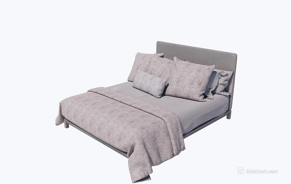 Modern Minimalist Gray Upholstered Double Bed with Soft Pillows and Cozy Blanket 3d model 