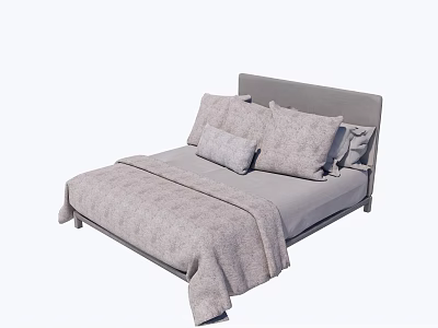 Modern Minimalist Gray Upholstered Double Bed with Soft Pillows and Cozy Blanket 3d model