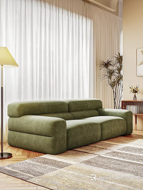 Elegant Green Velvet Sectional Sofa In Living Room With Sheer Curtains And Floor Plants 3d model 