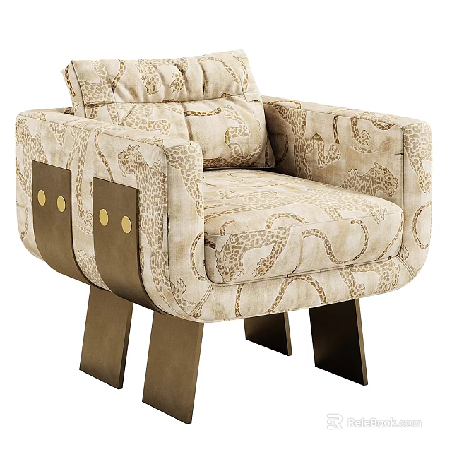 Elegant Modern Single Sofa with Leopard Print Fabric Metal Armrests and Legs 3d model 