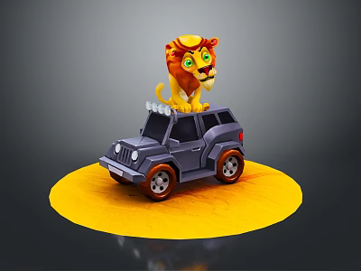 Toy Jeep With Lion Figurine On Top Standing On Yellow Base 3d model