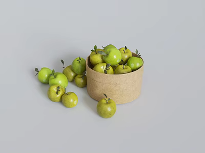 Fresh Green Apples in Paper Container with Leaves and Scattered Around 3d model