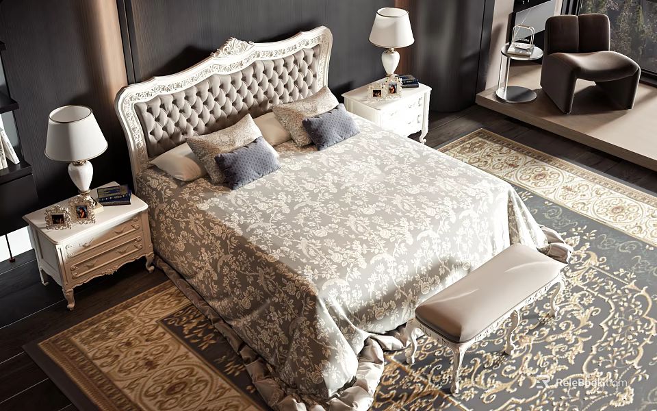 Double Bed with Tufted Headboard Nightstands Table Lamps Bedding and Foot Bench on Rug 3d model 