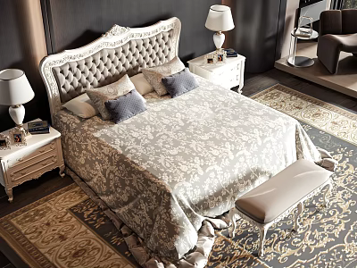 Double Bed with Tufted Headboard Nightstands Table Lamps Bedding and Foot Bench on Rug 3d model
