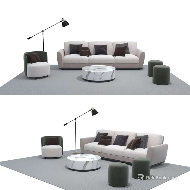 Modern Sofa Coffee Table Combination With Light Colored Upholstery Marble Top And Stools 3d model