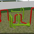 Kindergarten Outdoor Playground Featuring Green Red Tubular Structures On Grass With White Fence And Bushes