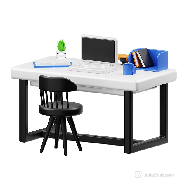 Modern Home Office Desk Setup With Laptop Black Chair Potted Plant Folder And Cup 3d model 