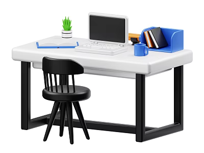Modern Home Office Desk Setup With Laptop Black Chair Potted Plant Folder And Cup 3d model