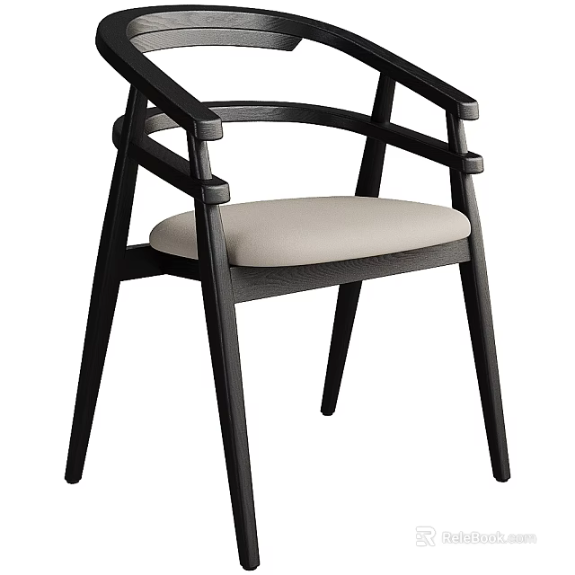 Modern Dining Chair With Black Wooden Frame Armrests And Light Gray Cushion 3d model 