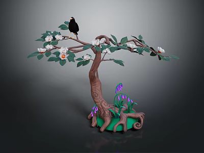 Cartoon Scene With Brown Tree Black Bird White Flowers Green Leaves And Purple Flowers On Grass 3d model