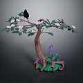 Cartoon Scene With Brown Tree Black Bird White Flowers Green Leaves And Purple Flowers On Grass