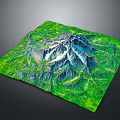 3D Topographic Terrain Model With Mountain Green Vegetation And Blue Water