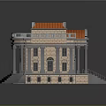 Cartoon Scene of Classical Building with Orange Roof Stone Walls Columns and Steps