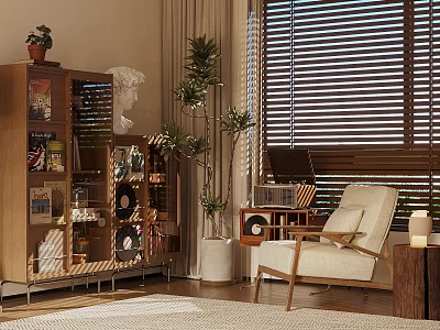 Cozy Study Room Interior With Wooden Bookshelf Potted Plants Beige Armchair And Wooden Blinds 3d model