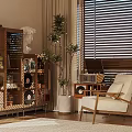 Cozy Study Room Interior With Wooden Bookshelf Potted Plants Beige Armchair And Wooden Blinds