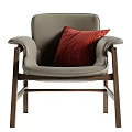 Modern Light Gray Leather Accent Chair With Red Checkered Pillow And Wooden Frame