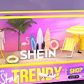 SHEIN Trendy Yellow Mobile Fashion Truck With Palm Tree Surfboard Umbrella And Beach Decor