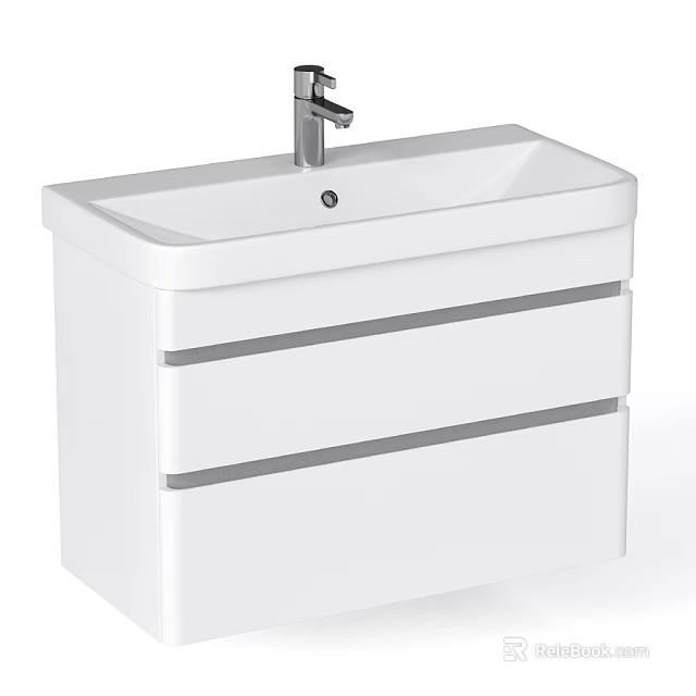 Modern White Wall Mounted Washbasin Vanity With Drawers And Chrome Faucet 3d model 