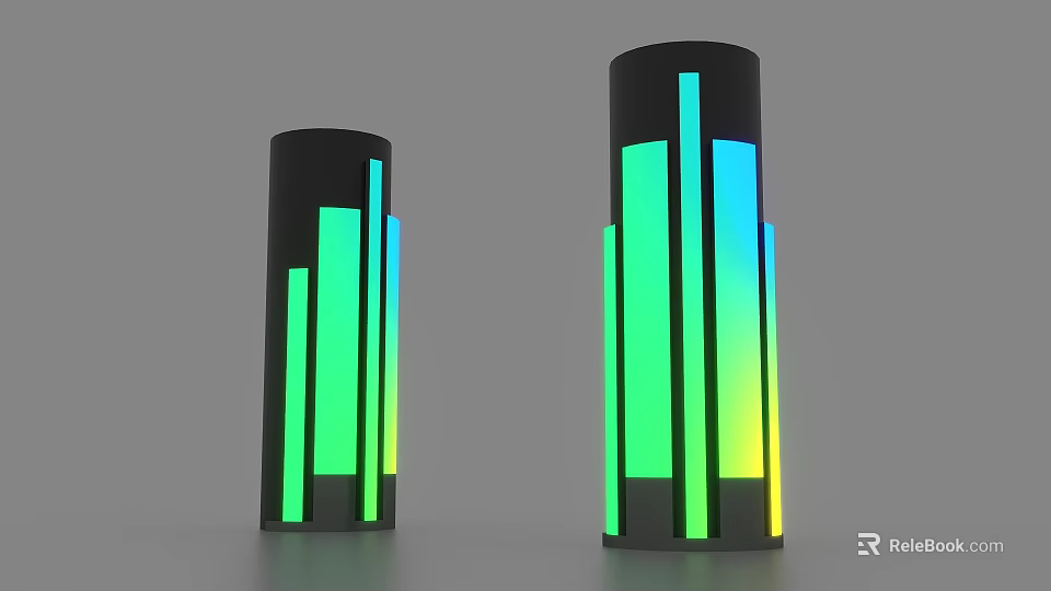 Modern Black Cylindrical Decorative Lamps With Colorful Vertical Light Strips And Green Blue Yellow Gradient 3d model 