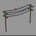 Wooden Electric Poles With Black Wires And Red Blue Birds Standing On